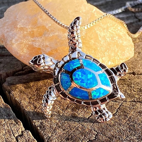 Jewelry - Blue opal s925 sterling silver sea turtle pendant with box chain gift new